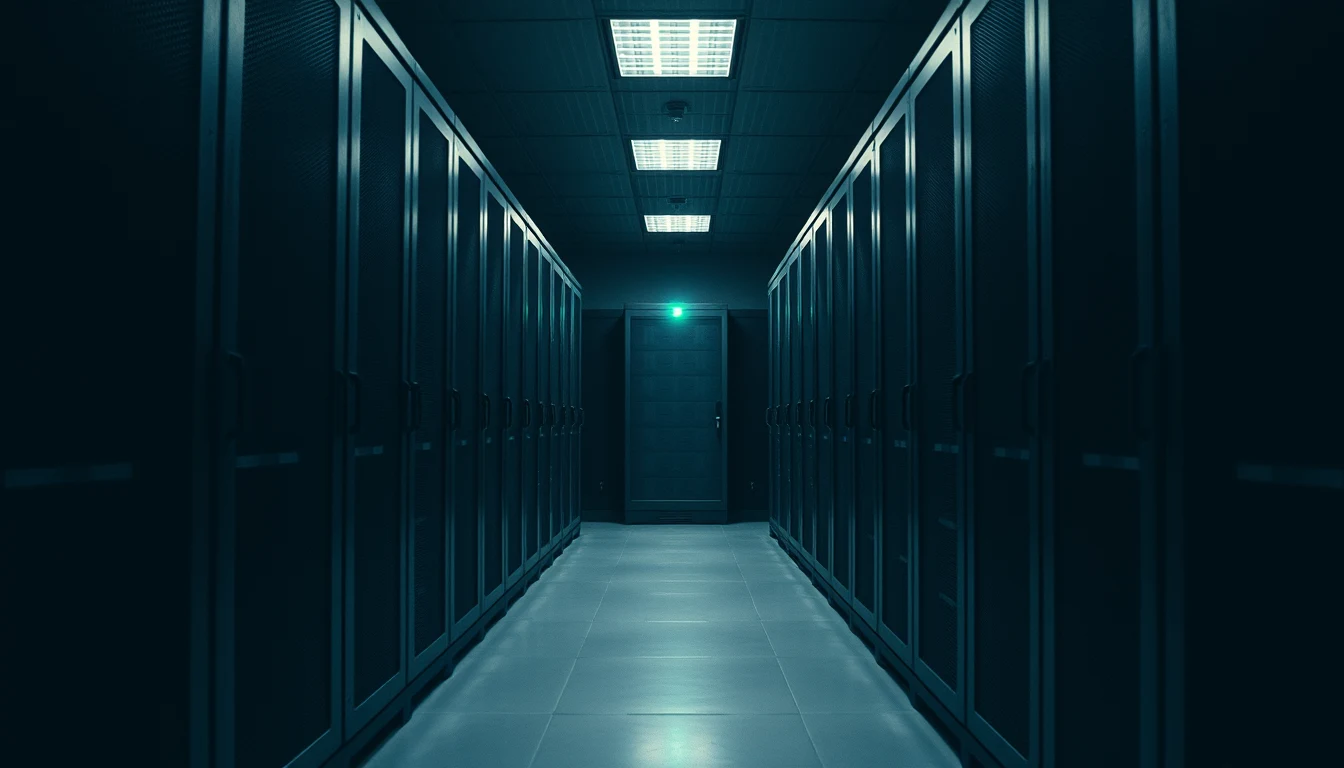Wide shot of an empty datacenter aisle at night with three full racks visible in the distance, one small green LED visible on the middle unit, ambient hum audible in the silence.