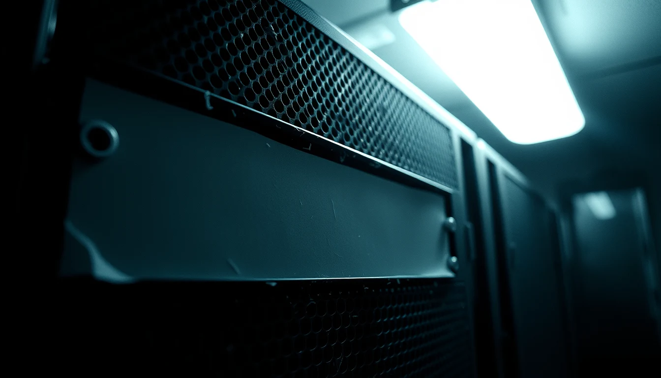 Macro photograph of a blank server rack label, adhesive residue and ghost marks where letters once were, harsh overhead fluorescent casting shadows of the screw holes.