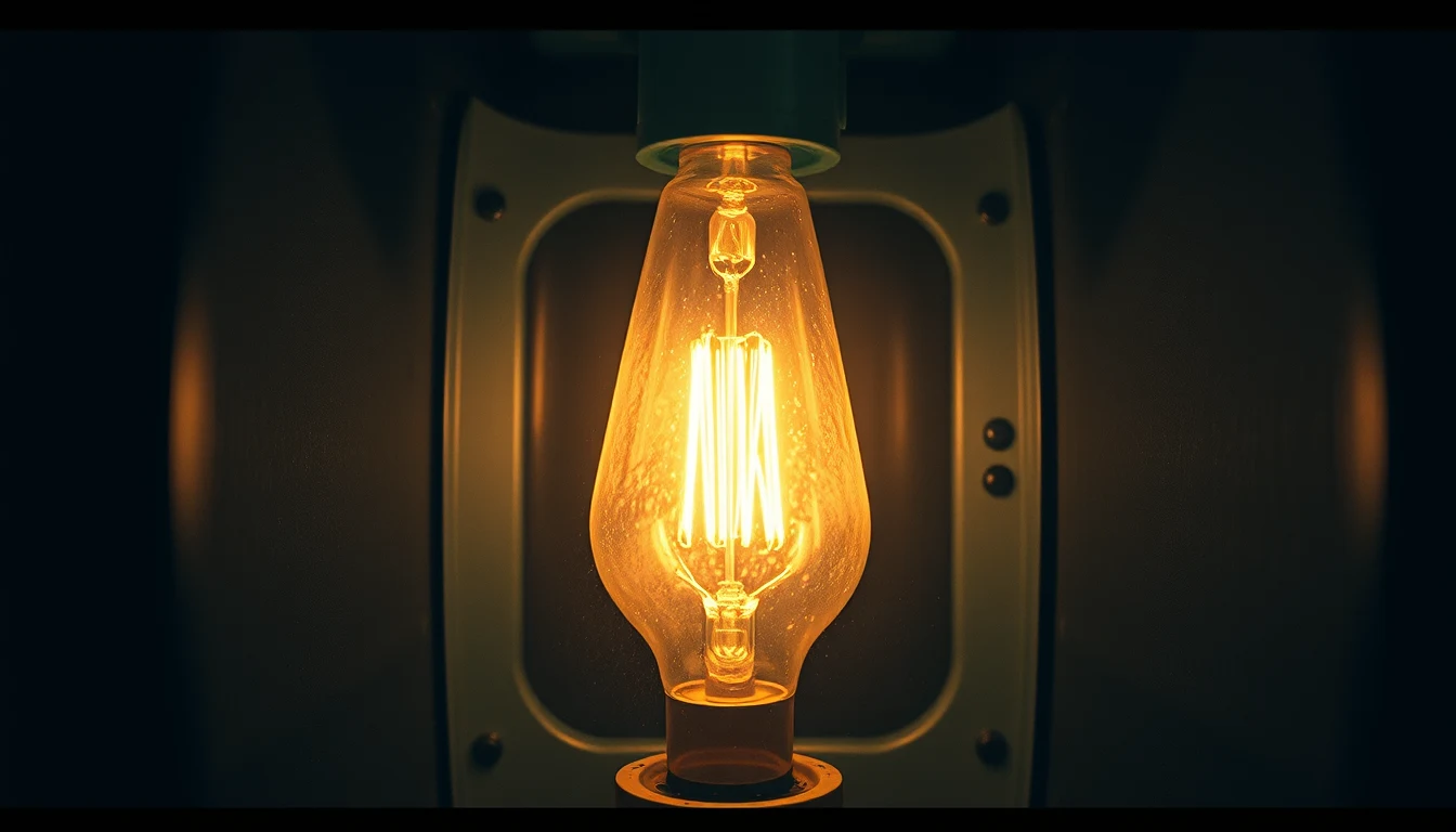 a single incandescent bulb illuminated inside a metal enclosure, extreme close-up showing the filament glowing orange and the dust on the glass