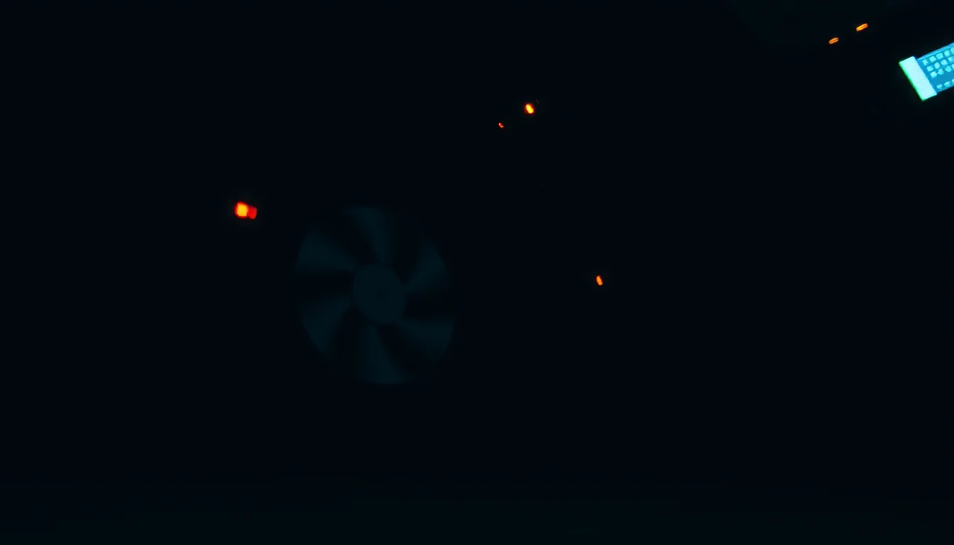 a server rack from a low angle in near-darkness, one cooling fan spinning with motion blur, indicator lights scattered red and amber
