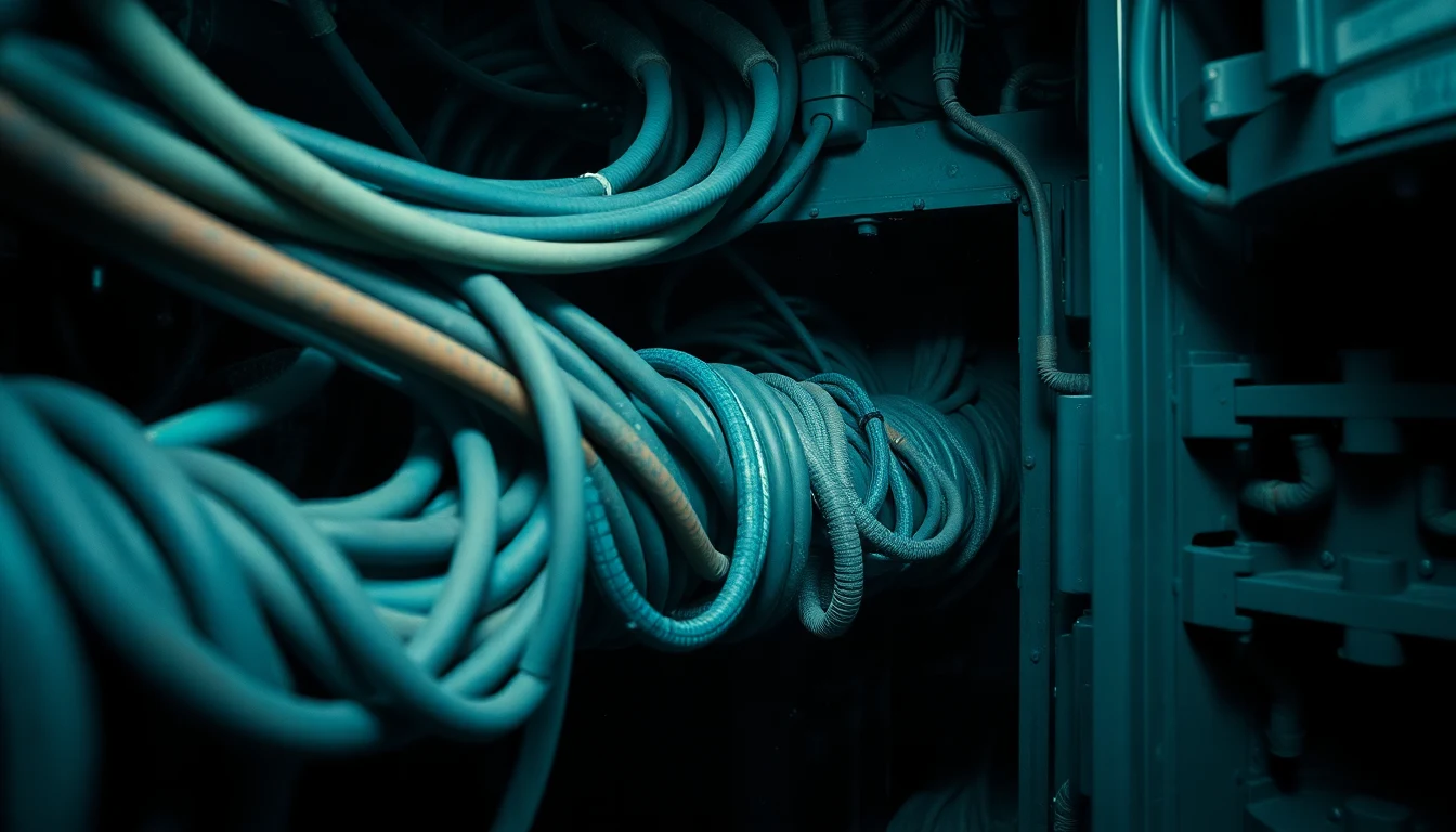 a cluster of thick industrial power cables entering a substation junction box, color-coded and bundled with cable trays, showing dust and slight corrosion