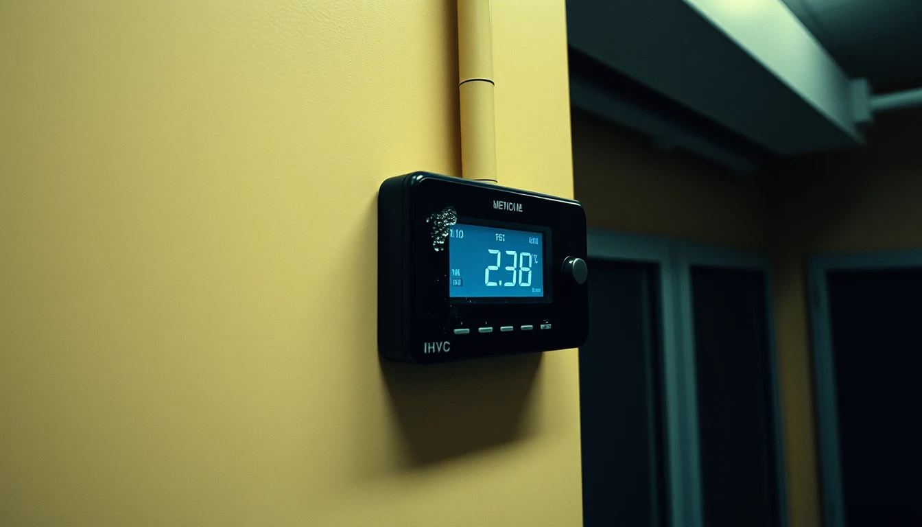 a computer room thermostat mounted on a beige wall, displaying a temperature reading, with condensation on its plastic face and visible HVAC ducting above it