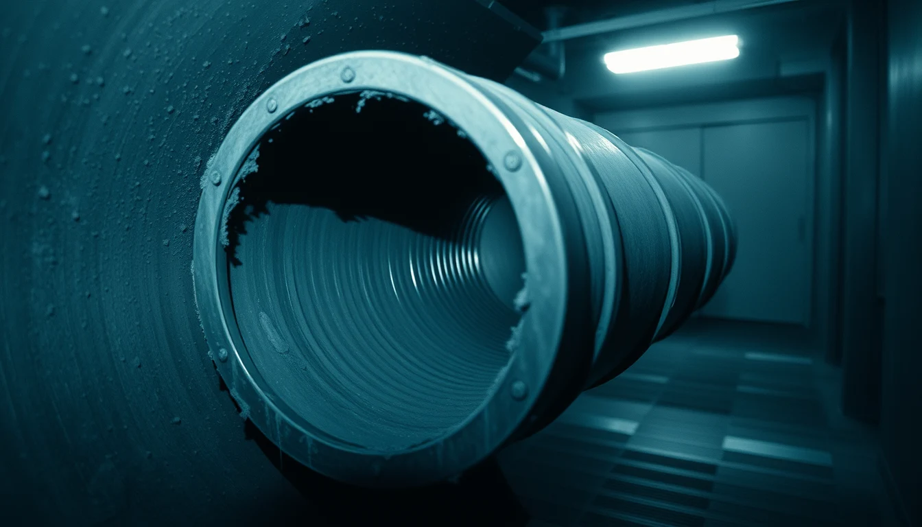 close-up of a metal air return duct elbow joint with layered dust and slight vibration blur, showing the rifled interior texture where air has traveled for months