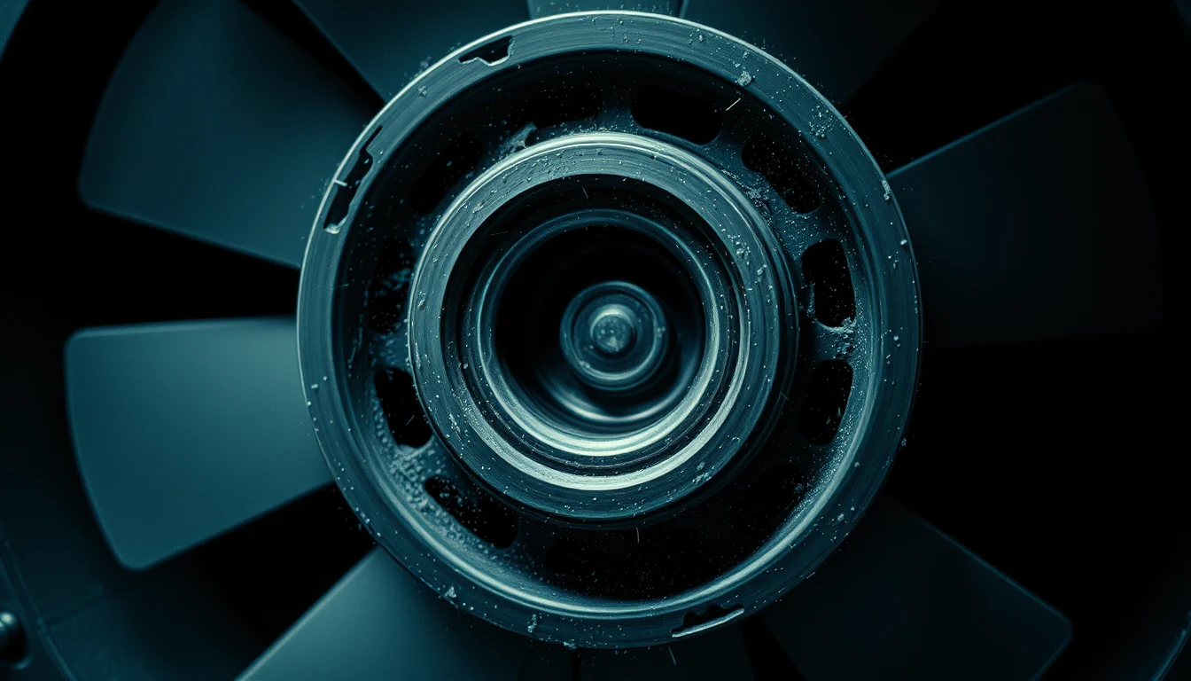 macro detail of a fan motor bearing assembly, corroded slightly at the edges, producing a visible harmonic shimmer or heat distortion pattern around its surface
